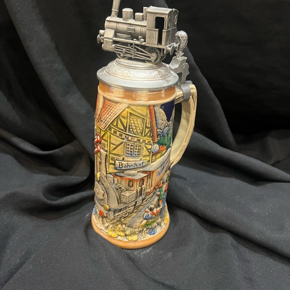 Vintage Train Themed Beer Stein, Limited Edition "Bahnhof" Stein with train cap